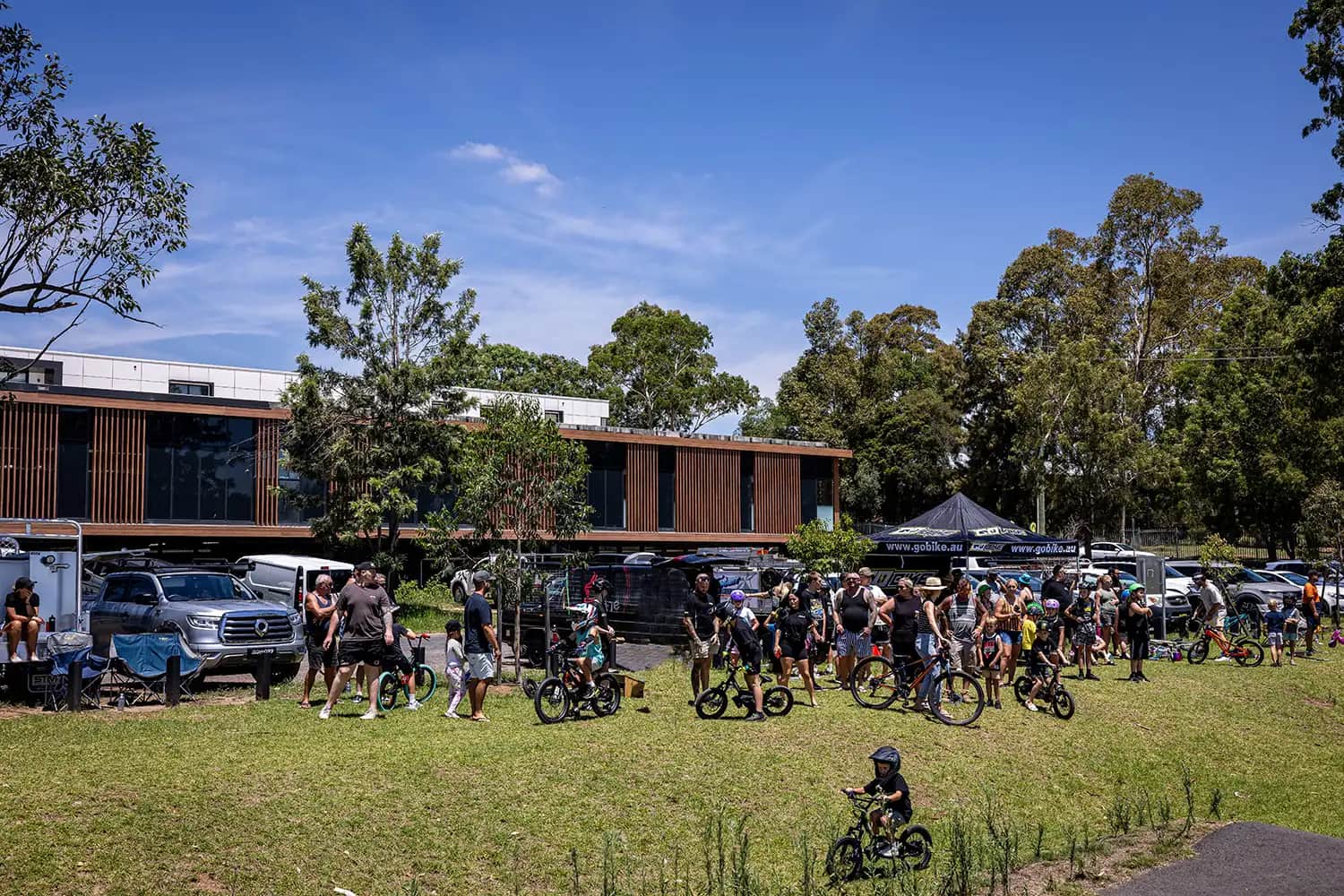 Australian families and kids with their GoBike kids electric bikes at a GoBike community ride day