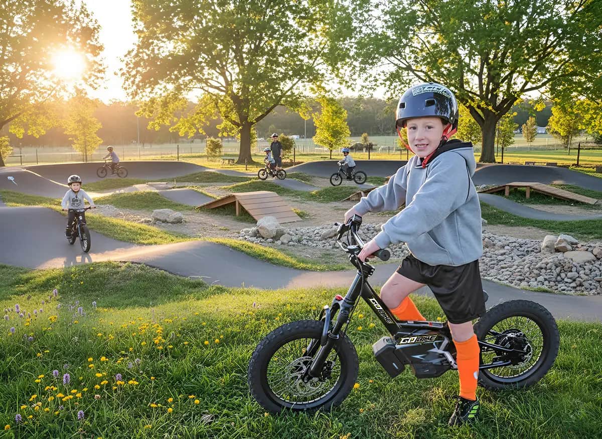 Smiling boy with his GoBike 16 mini e-bike at a pump track at sunset