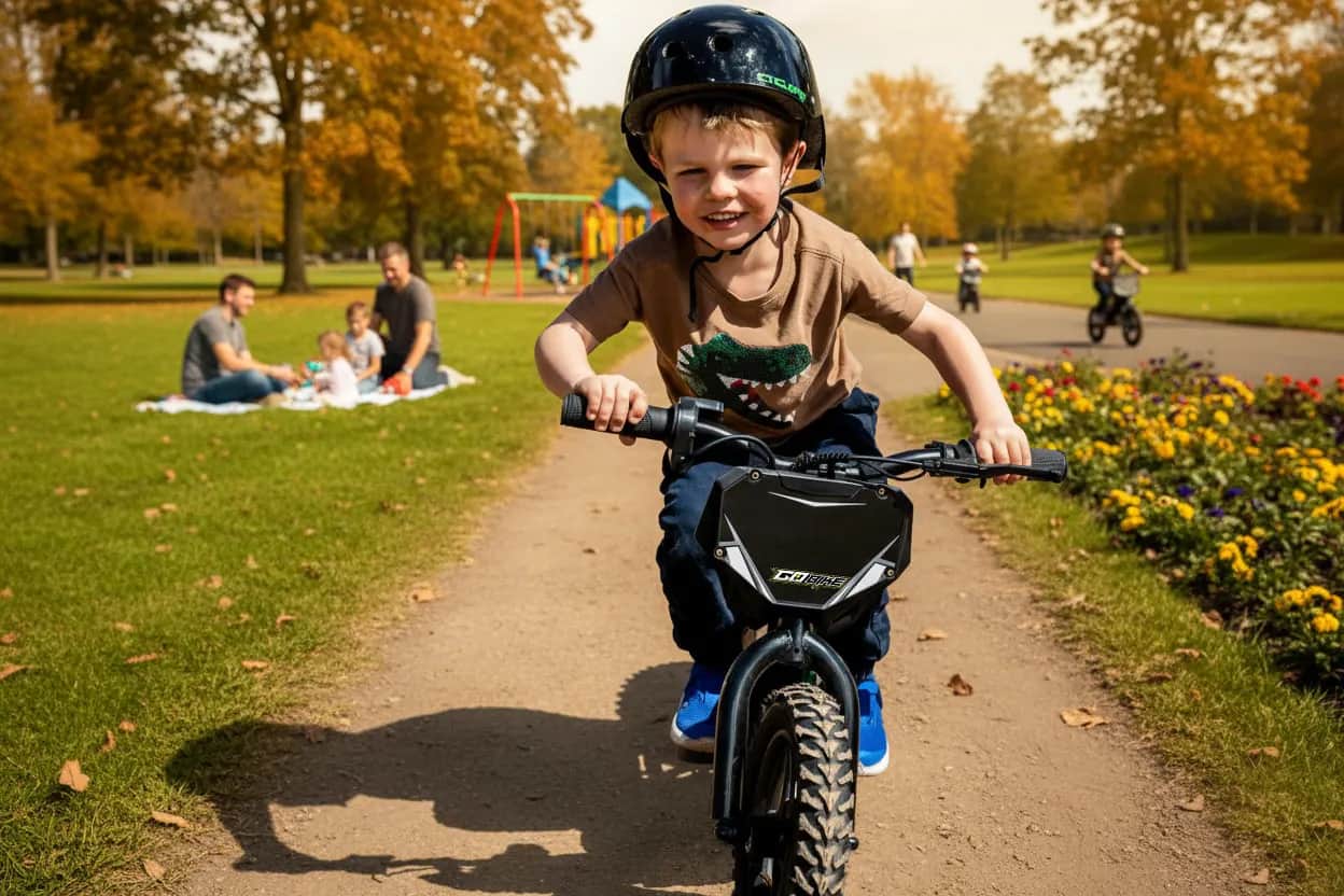 Toddler riding a GoBike 12 down a park path with families picnicking behind