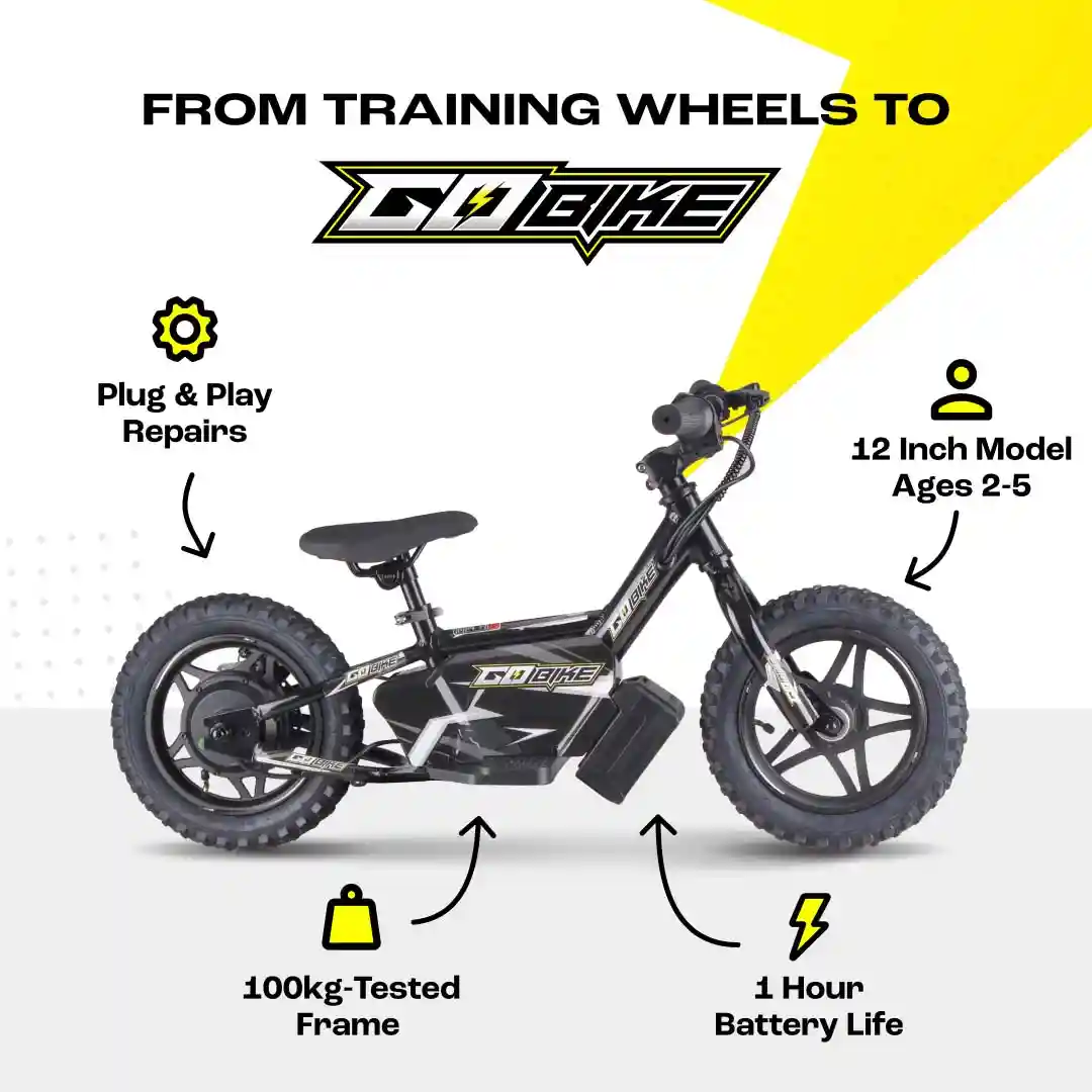 A child confidently riding a GoBike electric balance bike