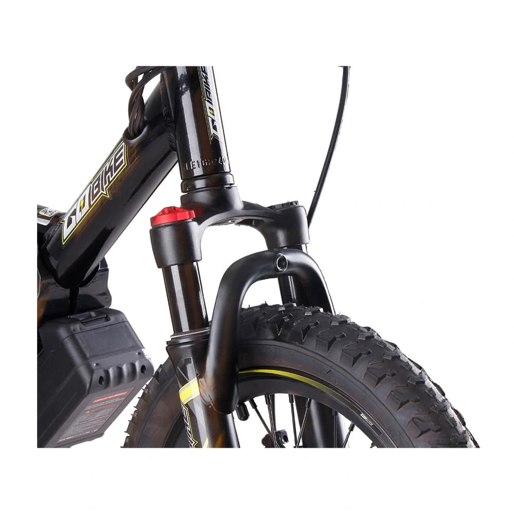 The hydraulic front suspension fork on the GoBike 16, designed for off-road trails.