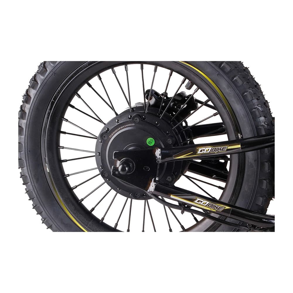 Close-up of the powerful 700W brushless hub motor on the GoBike 16.