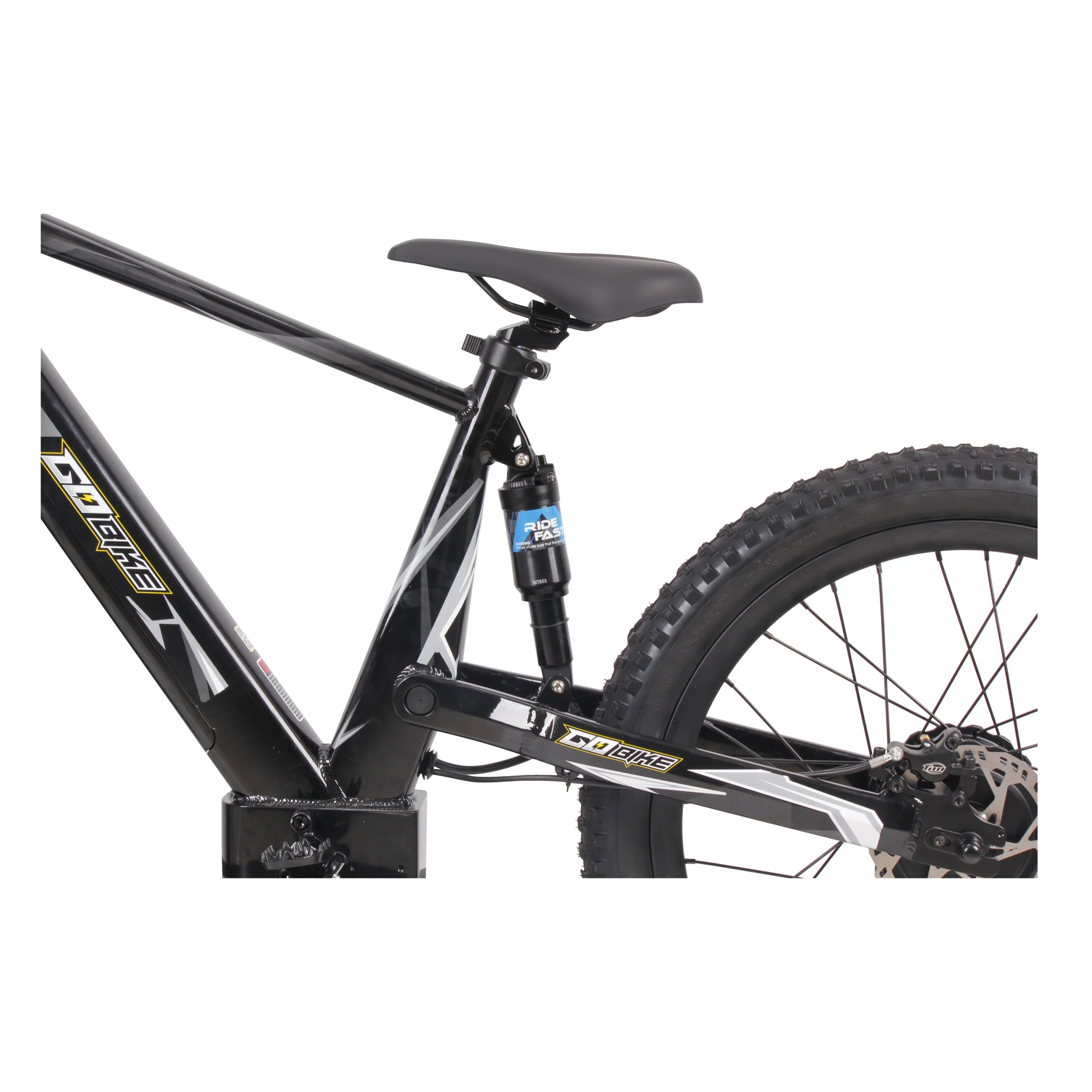 Adjustable hydraulic front forks on the GoBike 24 electric dirt bike.