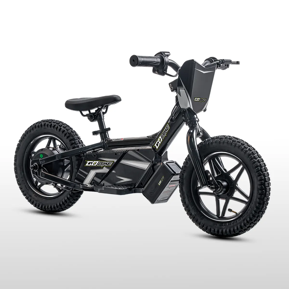 GoBike 12 toddler electric bike from the hub motor side, with front number plate and adjustable seat