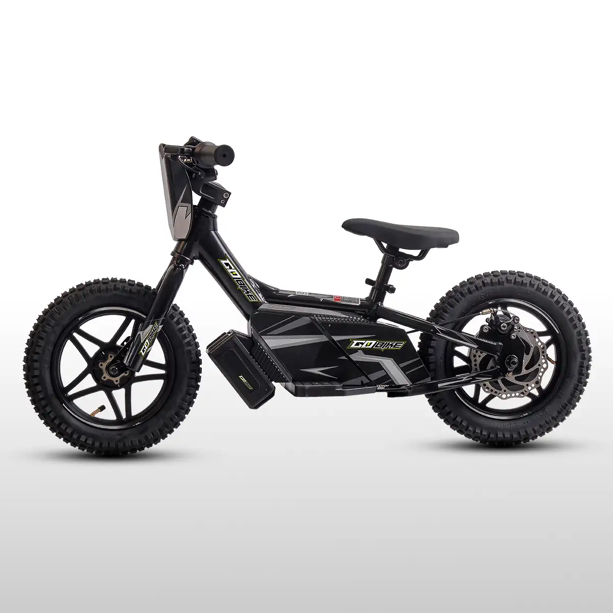 Side view of the GoBike 12 electric balance bike showing the rear disc brake and 12 inch wheels