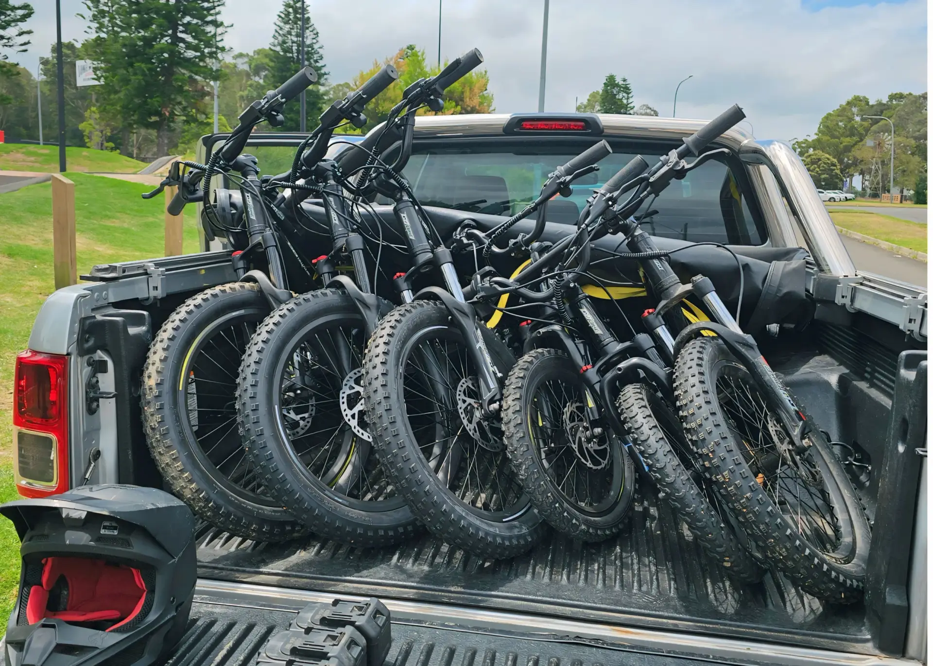 Ute tray loaded with GoBike electric balance bikes ready to ride