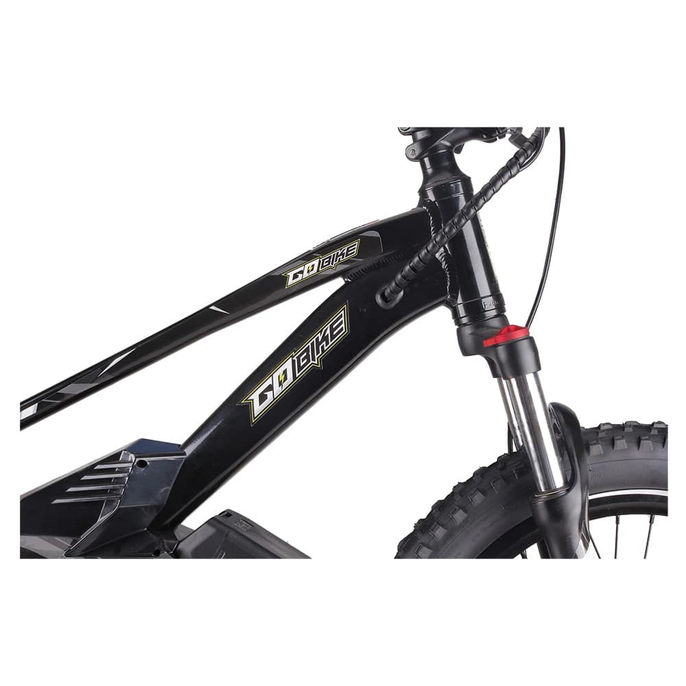 The robust front suspension fork on the GoBike 20 fat tyre e-bike.