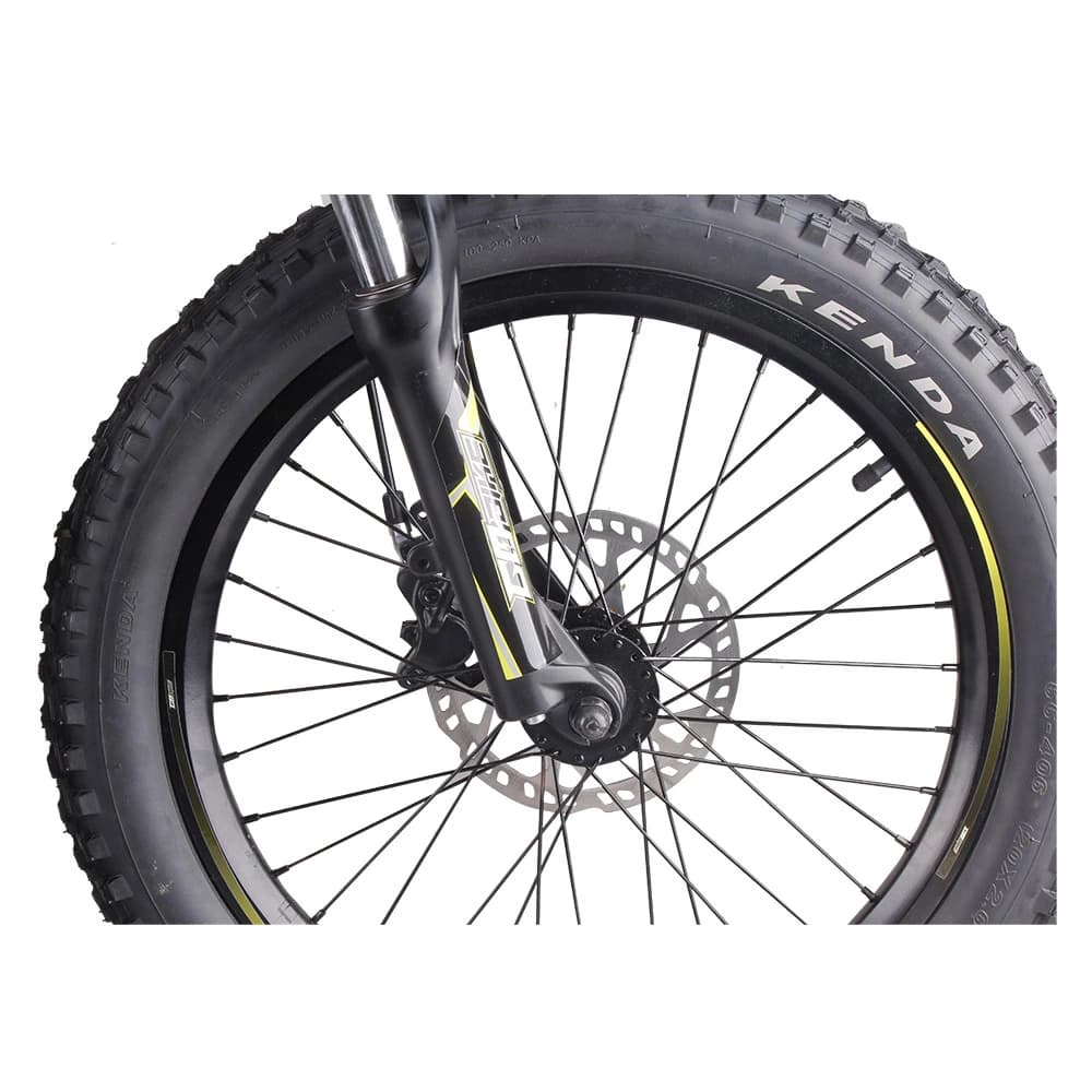 Close-up of the GoBike 20's front wheel showing the all-weather disc brake.