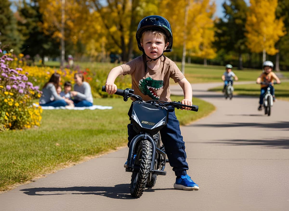 Little rider in a helmet riding a GoBike 12 toddler electric balance bike along a park path