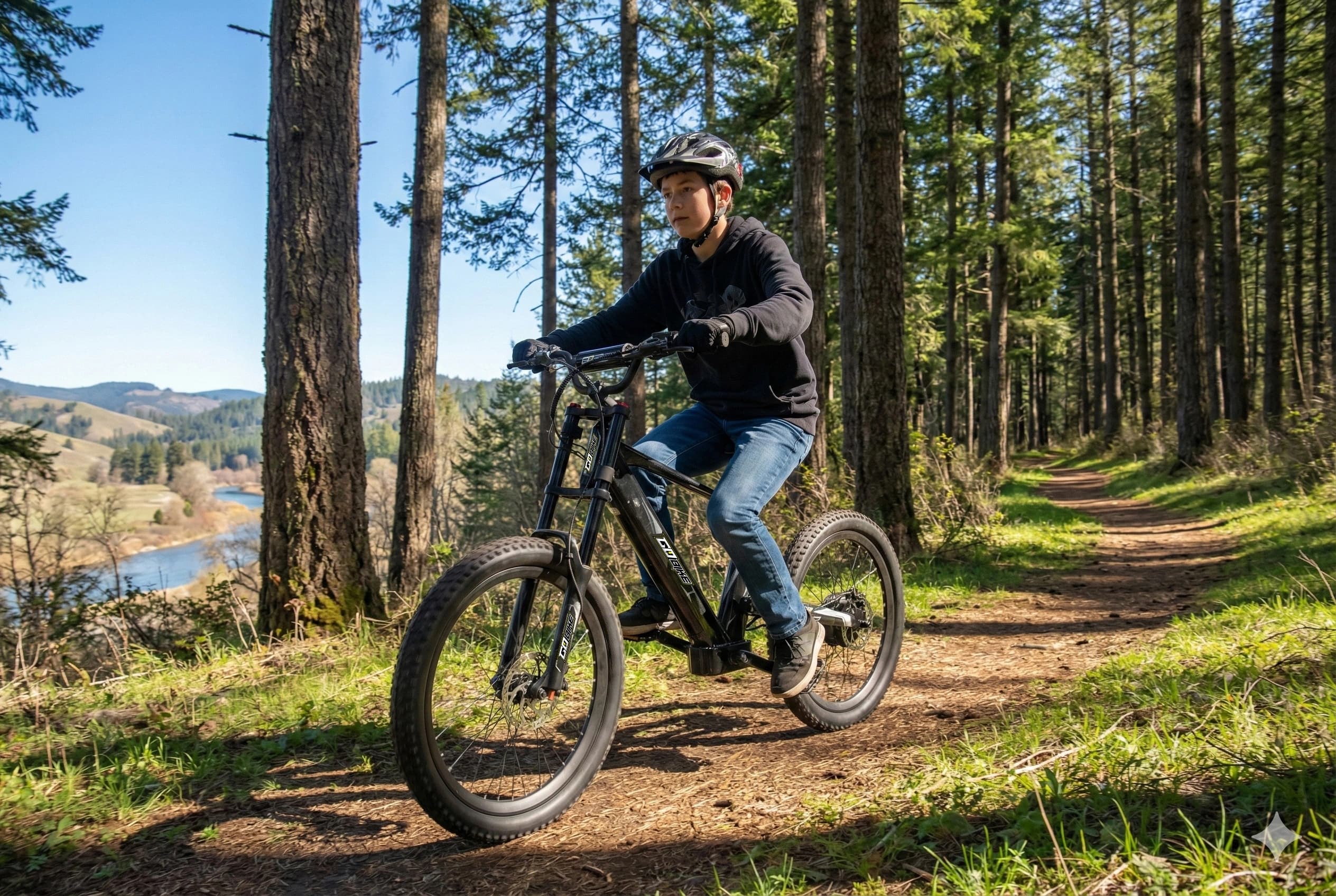 Teenager riding GoBike 24 inch electric dirt bike on a forest trail with tall trees. GoBike 24 Inch Electric Balance Bike