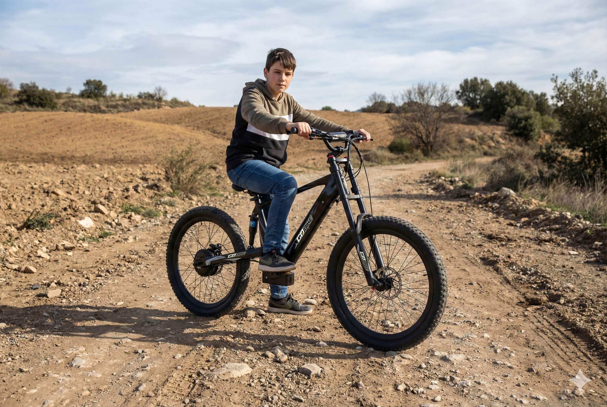 Teen riding a 24 inch GoBike electric bike for teens along a dirt track on a cloudy day