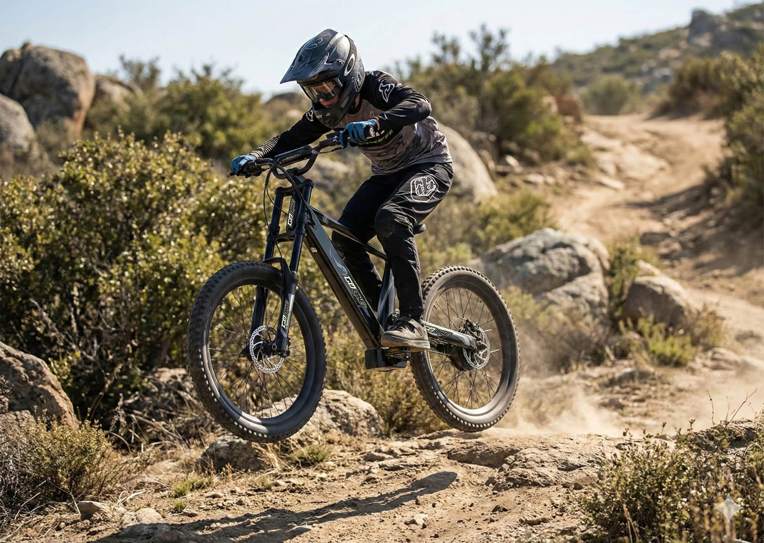 Rider in full motocross gear powering a GoBike 24 teen electric dirt bike up a dusty, rocky trail