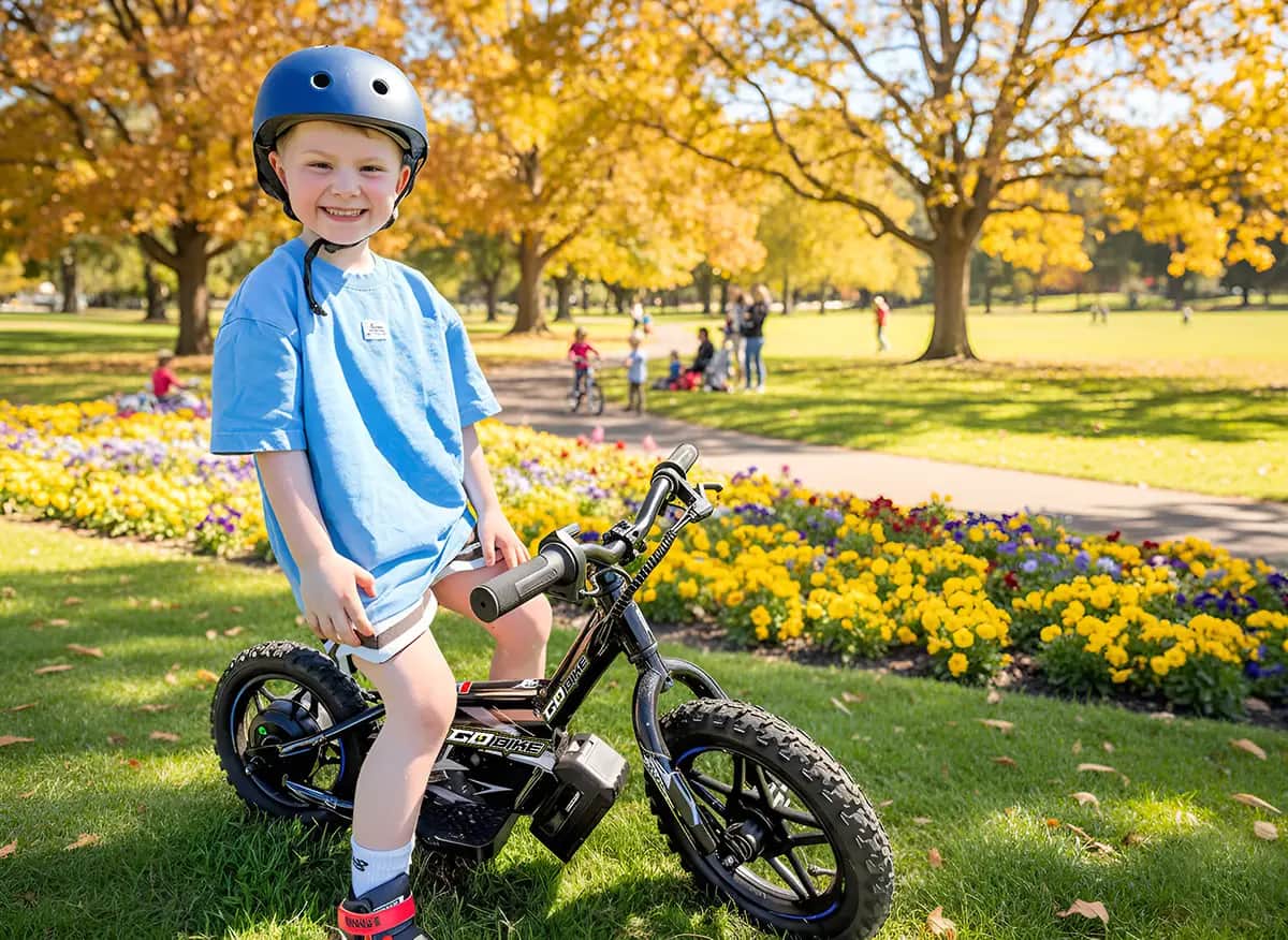 Boy standing beside his GoBike 12 first electric bike on the grass in a flower-filled park
