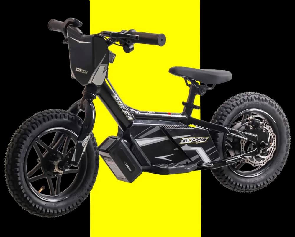 GoBike 12 kids electric balance bike in black with knobby tyres, front disc brake and removable battery