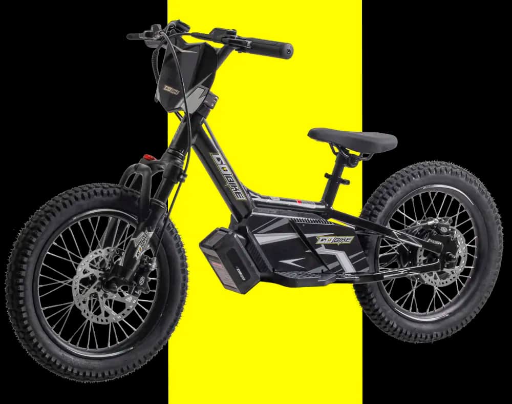 GoBike 16 kids electric bike in black with front suspension, front and rear disc brakes and spoked off-road wheels