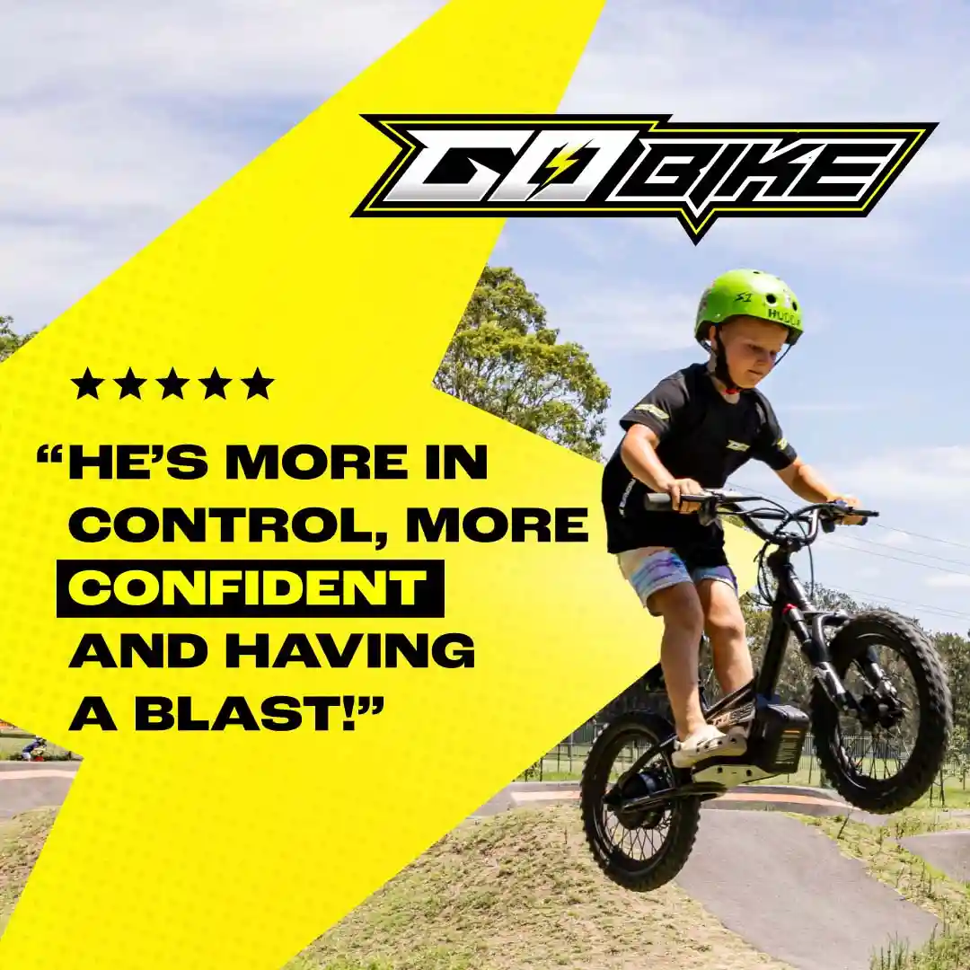 Kids riding GoBike 16 inch ebike on all terrains